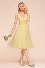 Affordable V-Neck Daffodil Chiffon Short Bridesmaid Dress with Ruffle-27dress
