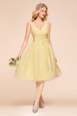 Affordable V-Neck Daffodil Chiffon Short Bridesmaid Dress with Ruffle-27dress