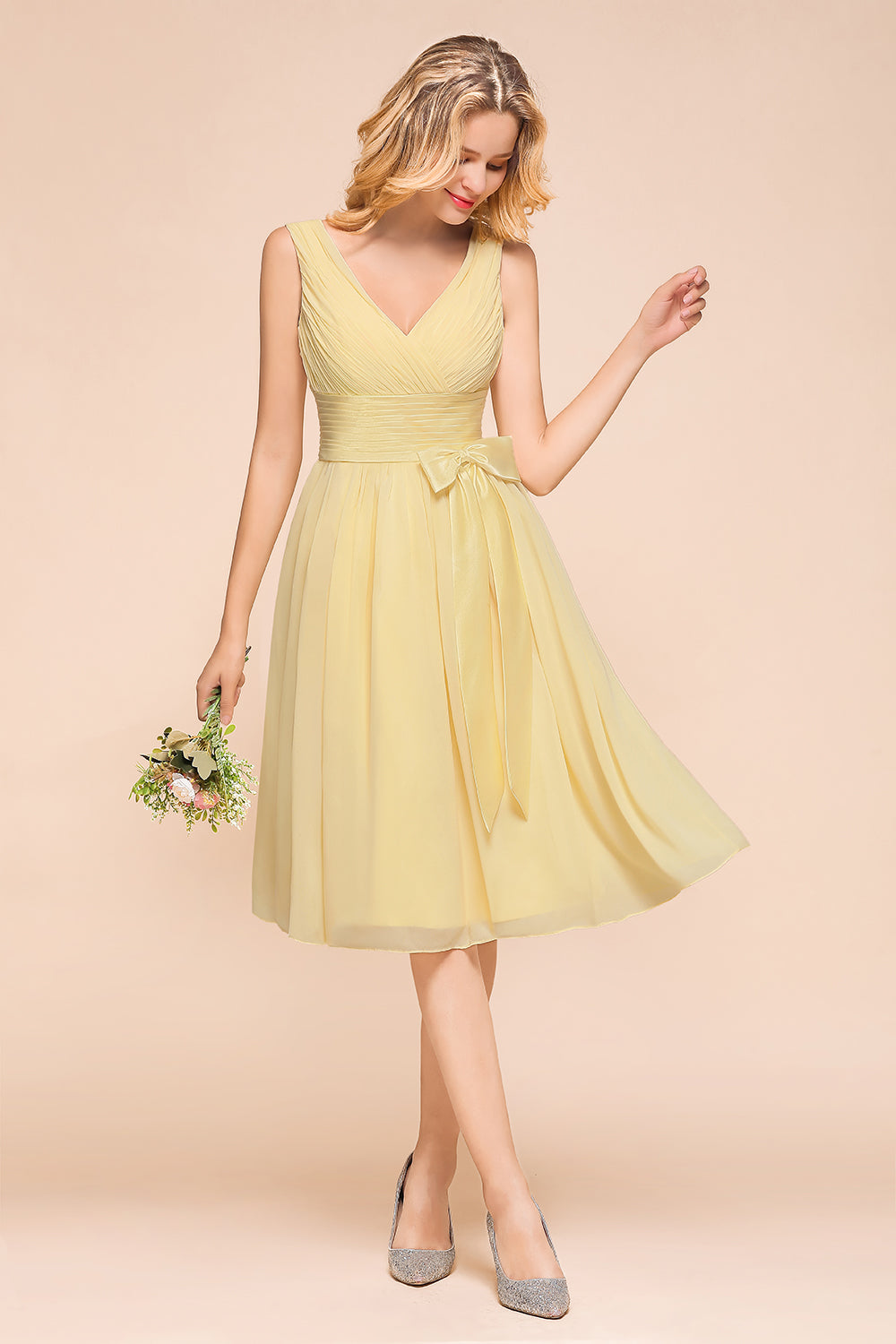 Affordable V-Neck Daffodil Chiffon Short Bridesmaid Dress with Ruffle-27dress