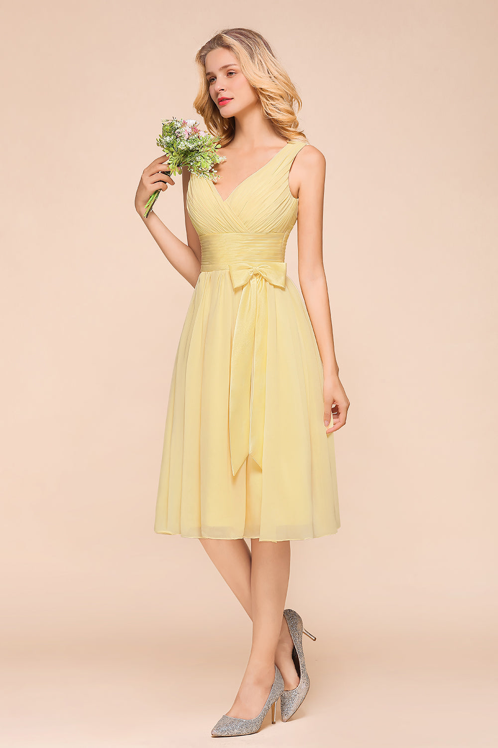 Affordable V-Neck Daffodil Chiffon Short Bridesmaid Dress with Ruffle-27dress