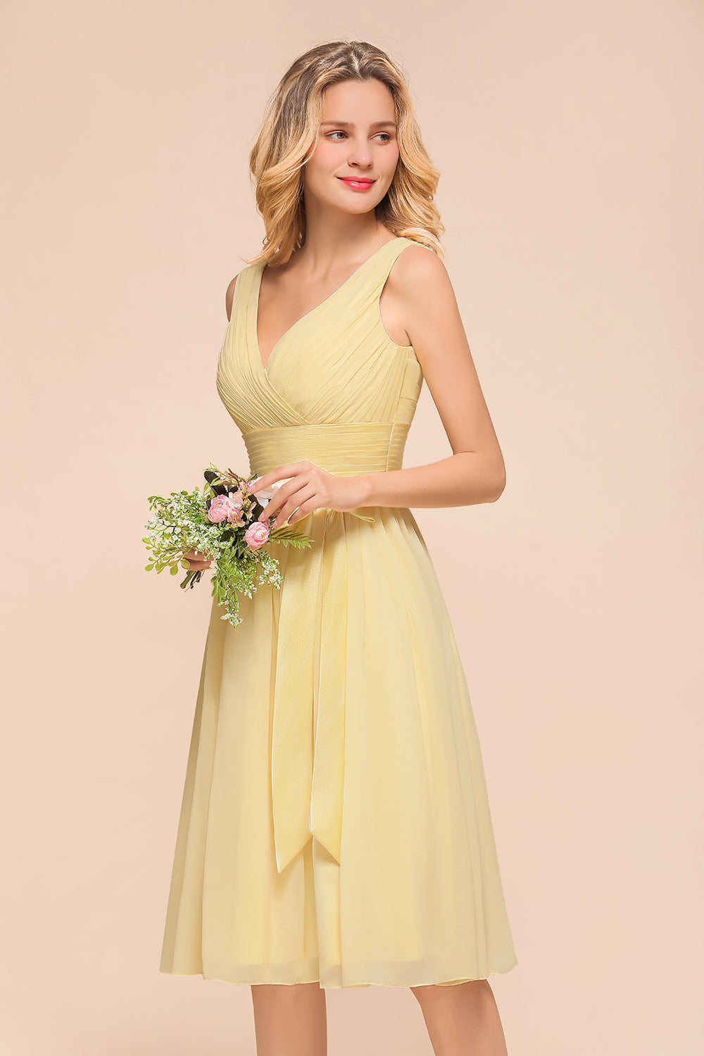 Affordable V-Neck Daffodil Chiffon Short Bridesmaid Dress with Ruffle-27dress