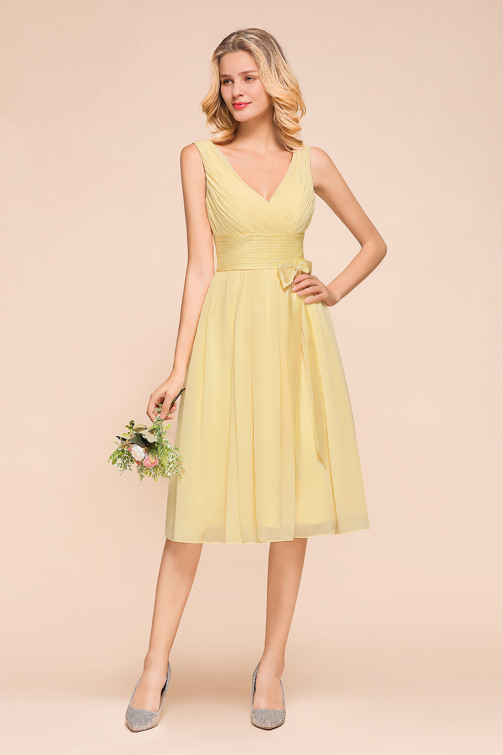 Affordable V-Neck Daffodil Chiffon Short Bridesmaid Dress with Ruffle-27dress
