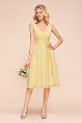 Affordable V-Neck Daffodil Chiffon Short Bridesmaid Dress with Ruffle-27dress