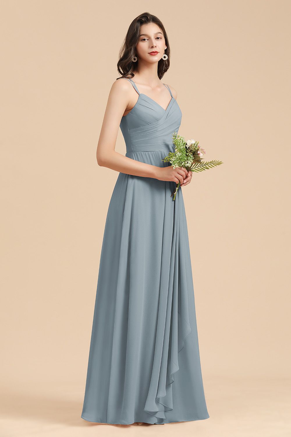Load image into Gallery viewer, Affordable V-Neck Ruffle Dusty Blue Chiffon Bridesmaid Dresses-27dress
