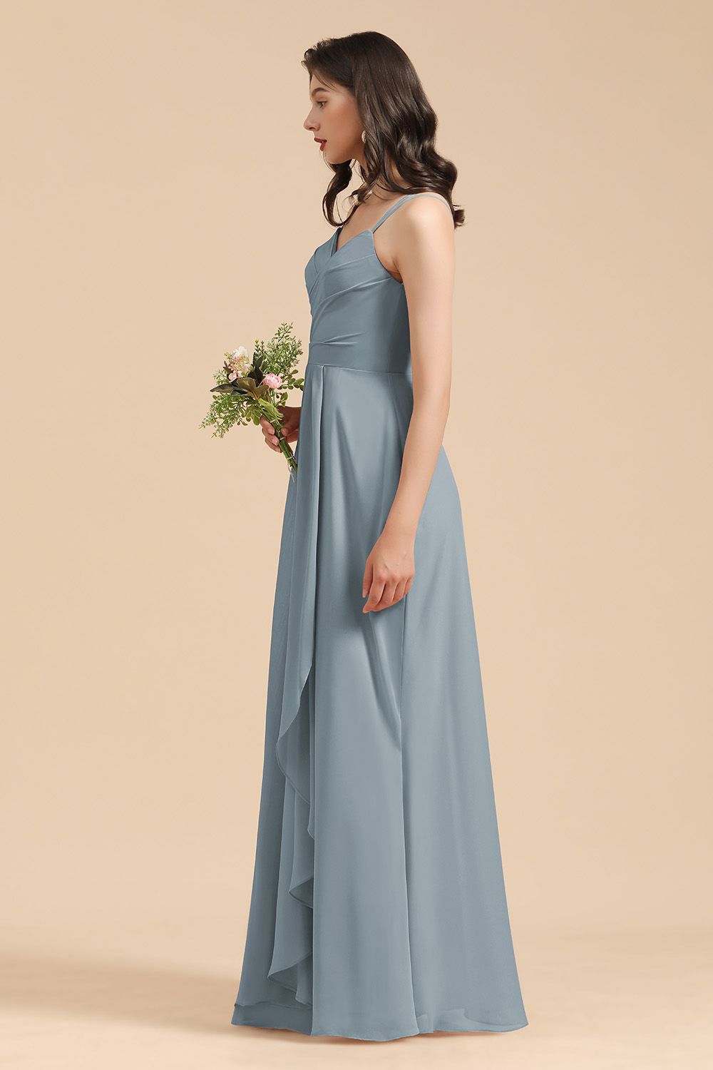 Affordable V-Neck Ruffle Dusty Blue Chiffon Bridesmaid Dresses-27dress
