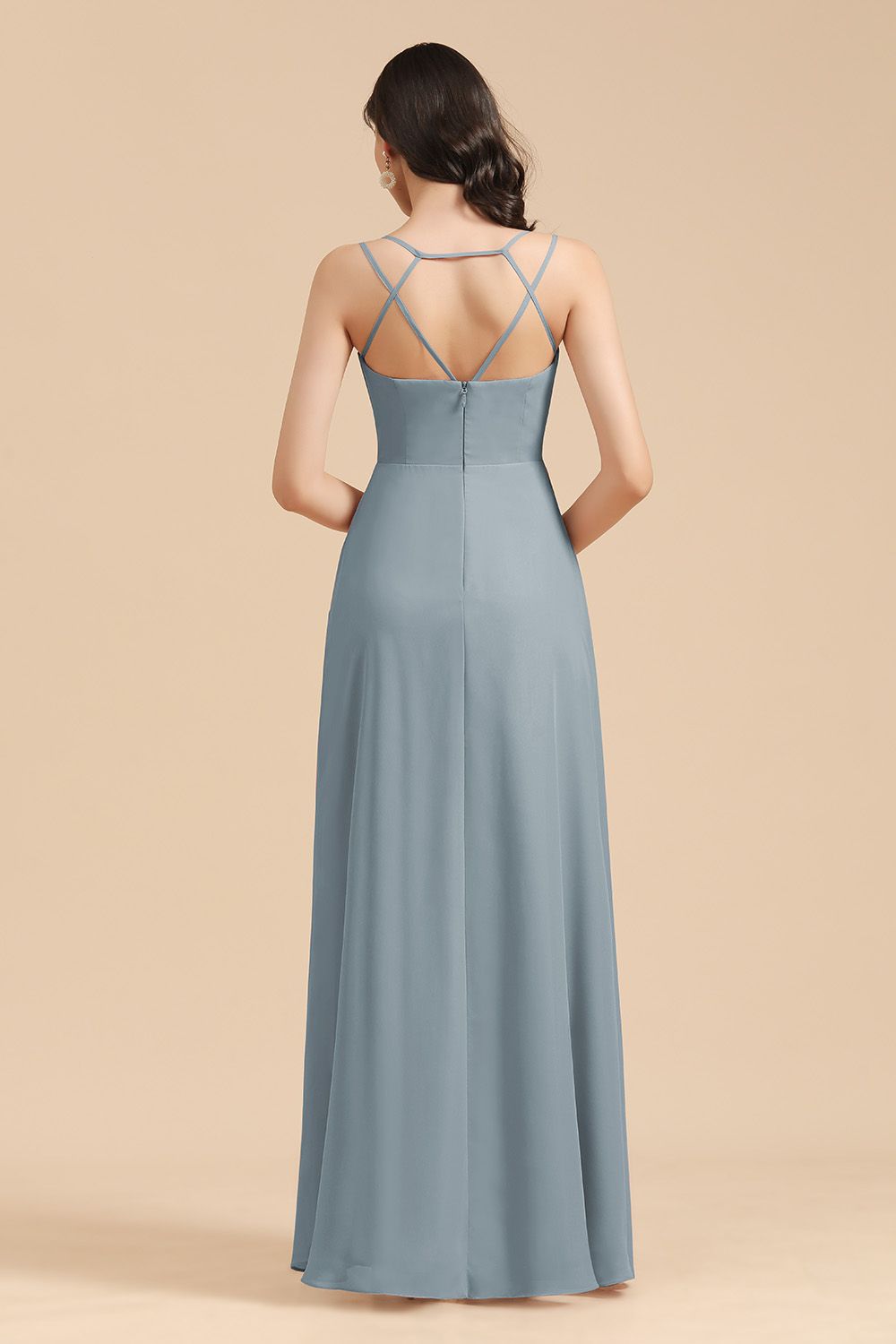 Affordable V-Neck Ruffle Dusty Blue Chiffon Bridesmaid Dresses-27dress