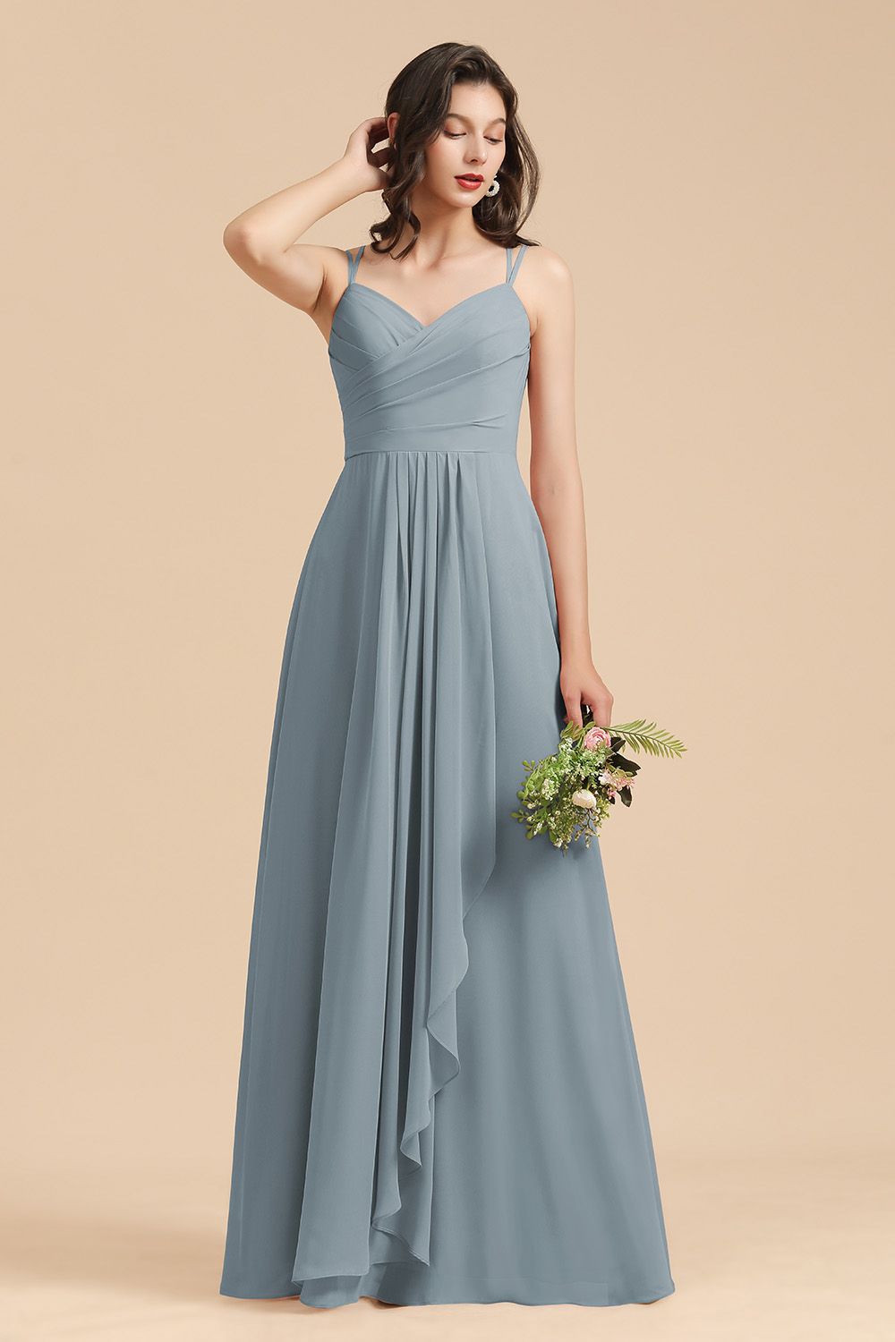 Affordable V-Neck Ruffle Dusty Blue Chiffon Bridesmaid Dresses-27dress