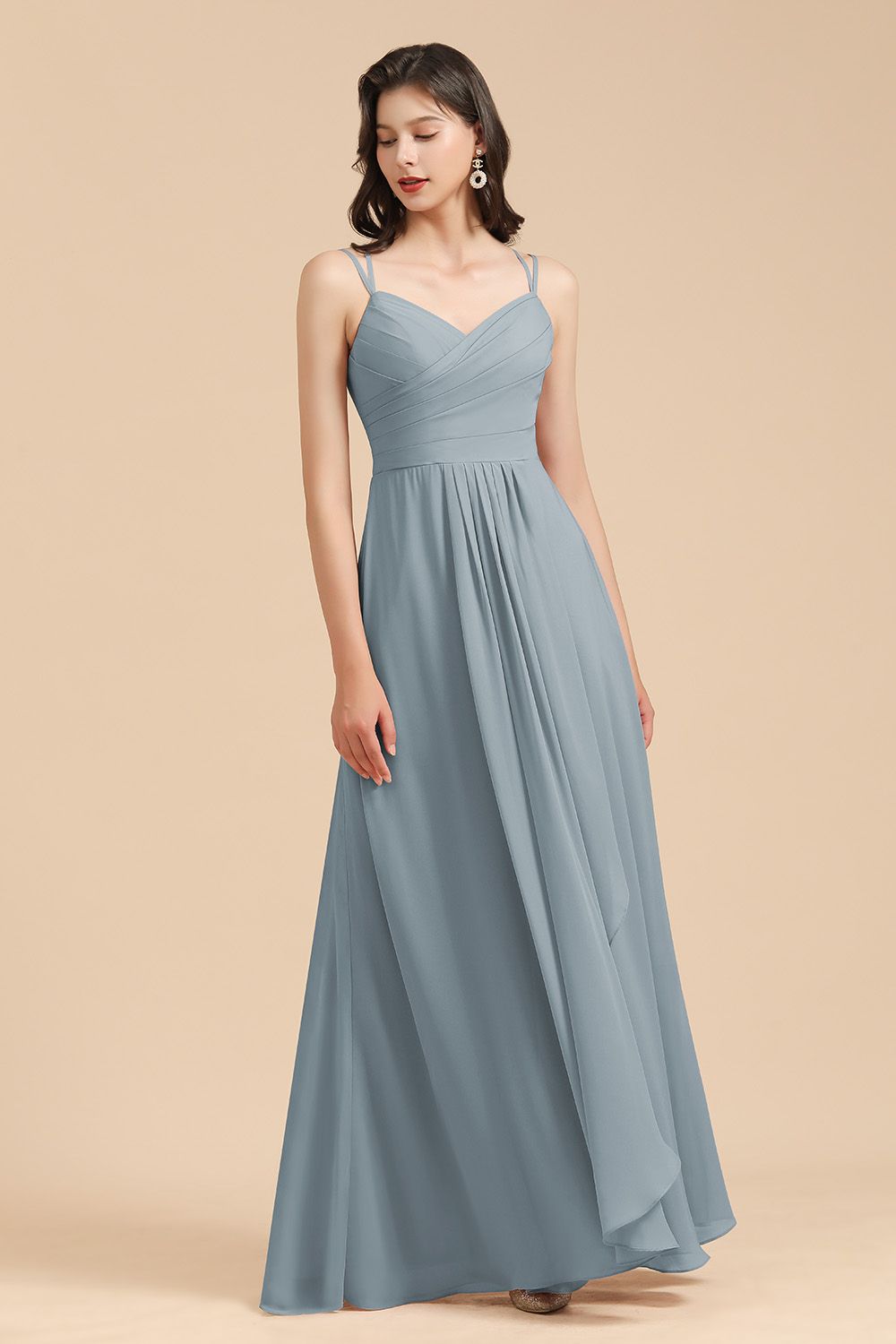 Affordable V-Neck Ruffle Dusty Blue Chiffon Bridesmaid Dresses-27dress
