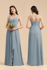 Affordable V-Neck Ruffle Dusty Blue Chiffon Bridesmaid Dresses-27dress