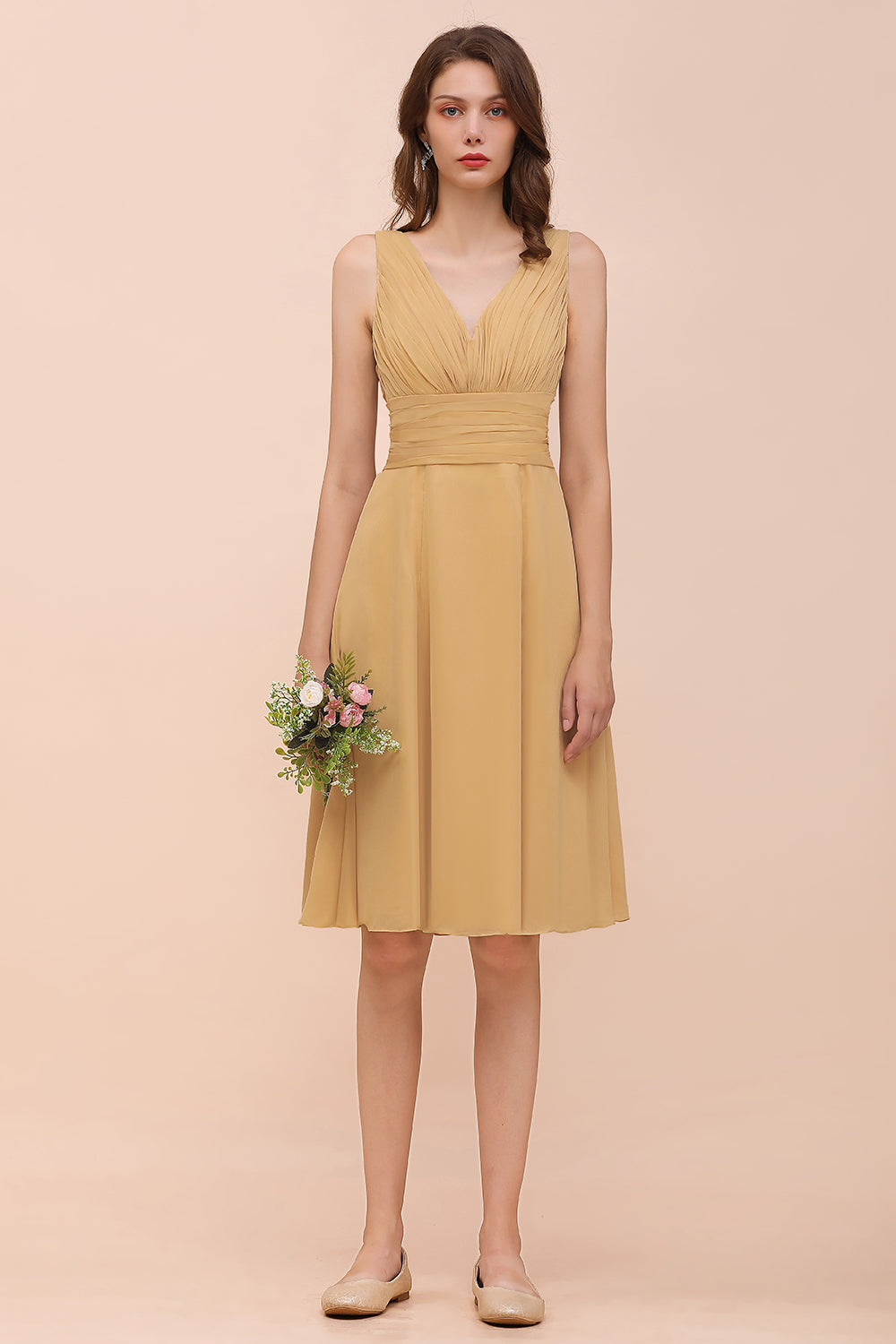 Affordable V-Neck Ruffle Gold Short Bridesmaid Dresses with Bow 27dress Affordable V-Neck Ruffle Gold Short Bridesmaid Dresses with Bow 27dress