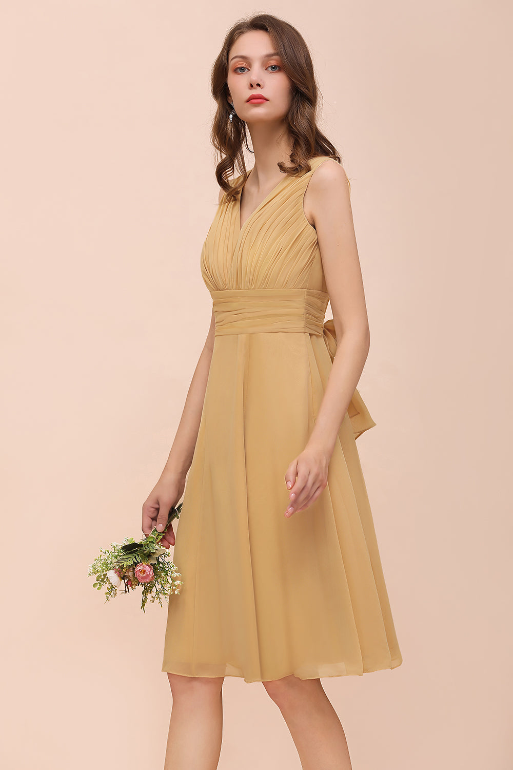 Affordable V-Neck Ruffle Gold Short Bridesmaid Dresses with Bow-27dress