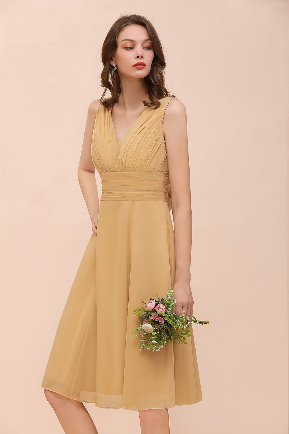 Affordable V-Neck Ruffle Gold Short Bridesmaid Dresses with Bow-27dress