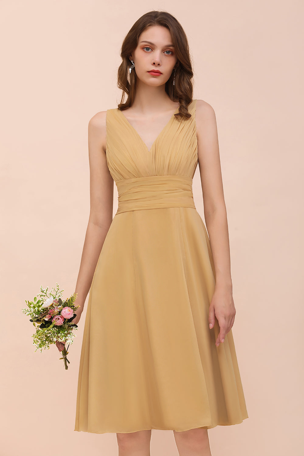 Affordable V-Neck Ruffle Gold Short Bridesmaid Dresses with Bow-27dress