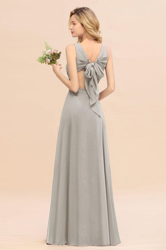 Affordable V-Neck Ruffle Long Grape Chiffon Bridesmaid Dress with Bow-27dress