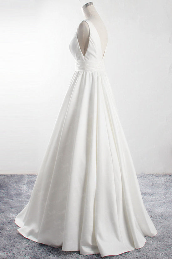 Load image into Gallery viewer, Affordable V-neck Satin White Wedding Dress Sleeveless Ruffles Bridal Gowns On Sale-27dress
