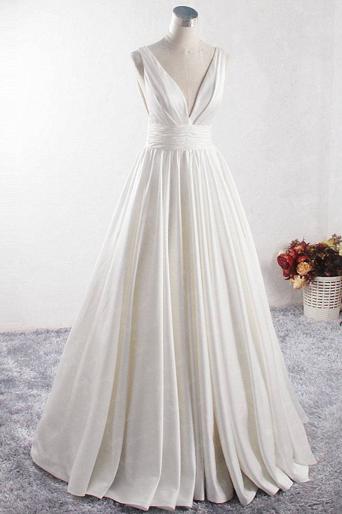 Load image into Gallery viewer, Affordable V-neck Satin White Wedding Dress Sleeveless Ruffles Bridal Gowns On Sale-27dress
