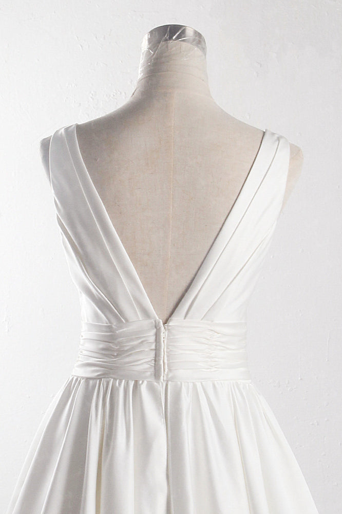 Affordable V-neck Satin White Wedding Dress Sleeveless Ruffles Bridal Gowns On Sale-27dress