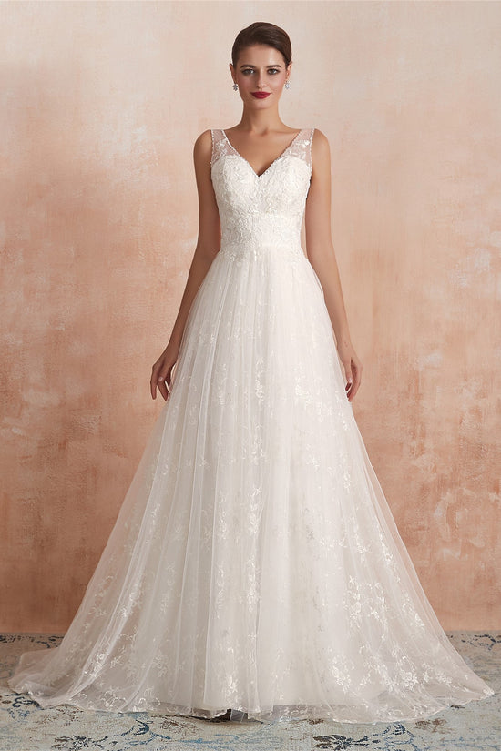 Affordable V-Neck Tulle Lace Long White Wedding Dresses Online-27dress