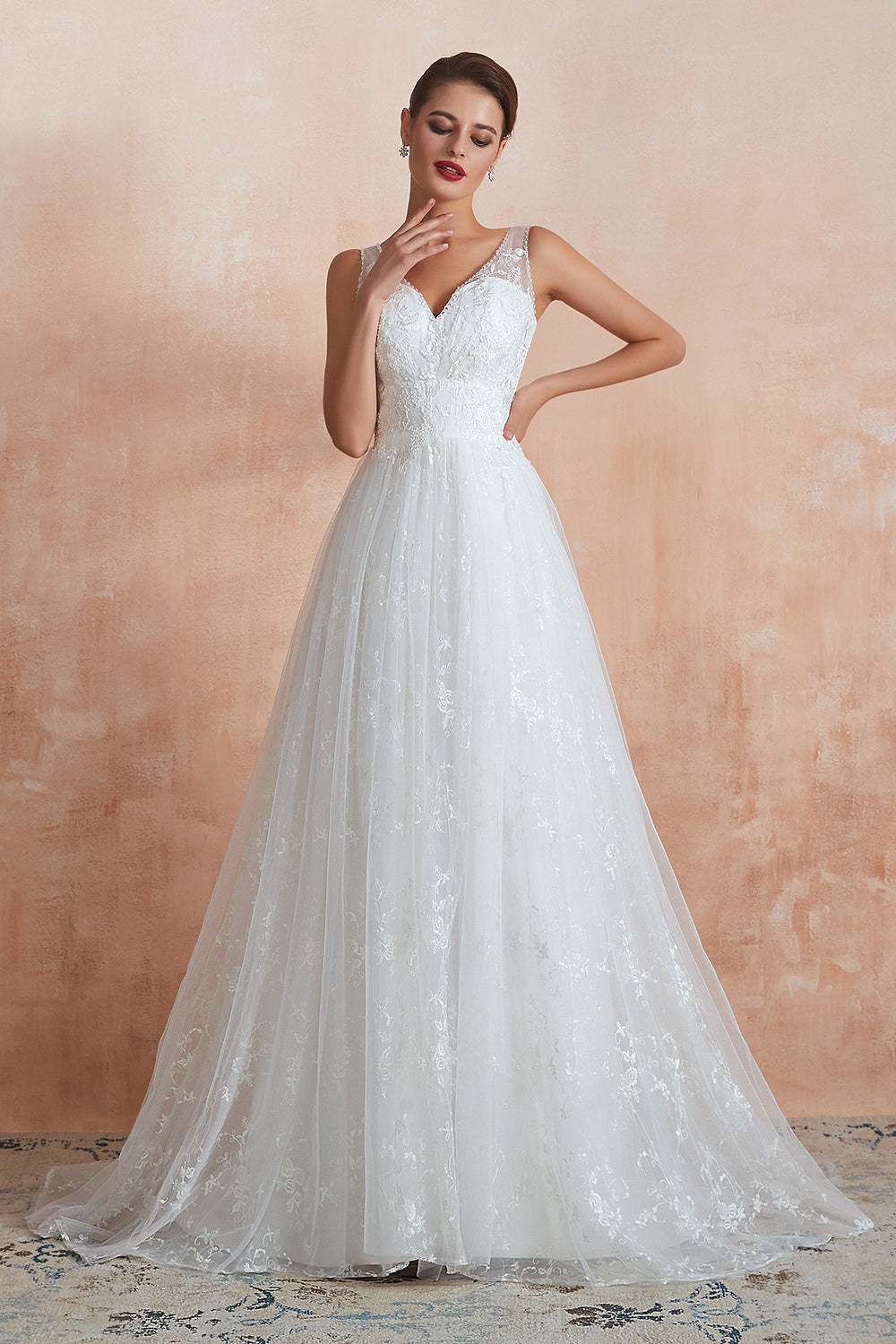 A-Line V-Neck Sleeveless Tulle Lace Applique Long White Wedding