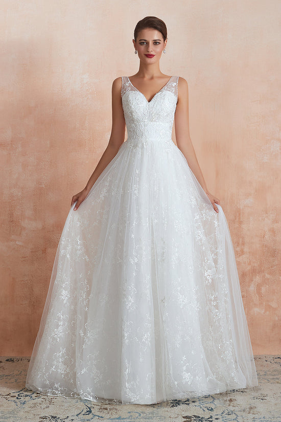 Affordable V-Neck Tulle Lace Long White Wedding Dresses Online-27dress