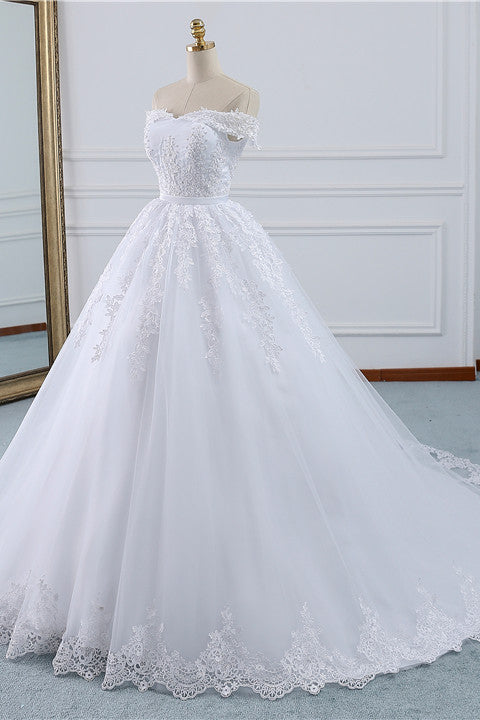 Load image into Gallery viewer, Affordable White Off-the-shoulder Lace Wedding Dresses With Appliques Tulle Ruffles Bridal Gowns On Sale-27dress
