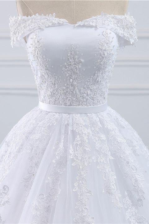 Affordable White Off-the-shoulder Lace Wedding Dresses With Appliques Tulle Ruffles Bridal Gowns On Sale-27dress