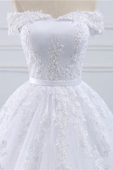 Affordable White Off-the-shoulder Lace Wedding Dresses With Appliques Tulle Ruffles Bridal Gowns On Sale-27dress