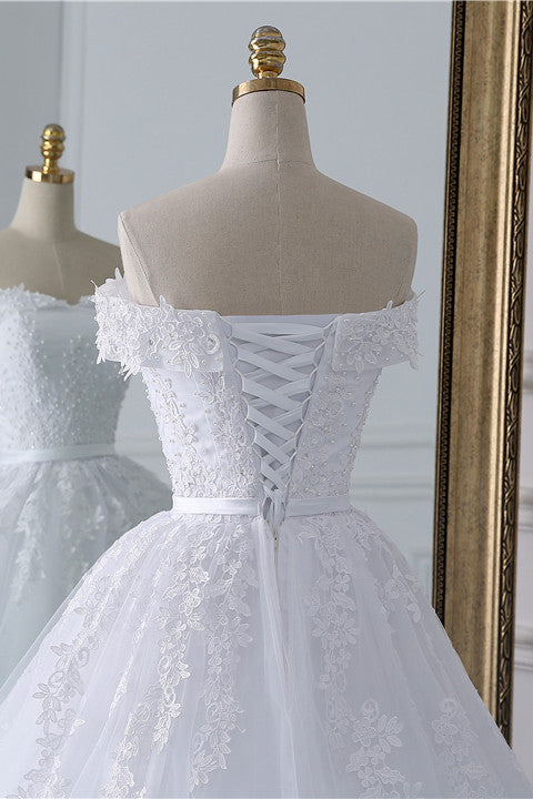 Affordable White Off-the-shoulder Lace Wedding Dresses With Appliques Tulle Ruffles Bridal Gowns On Sale-27dress