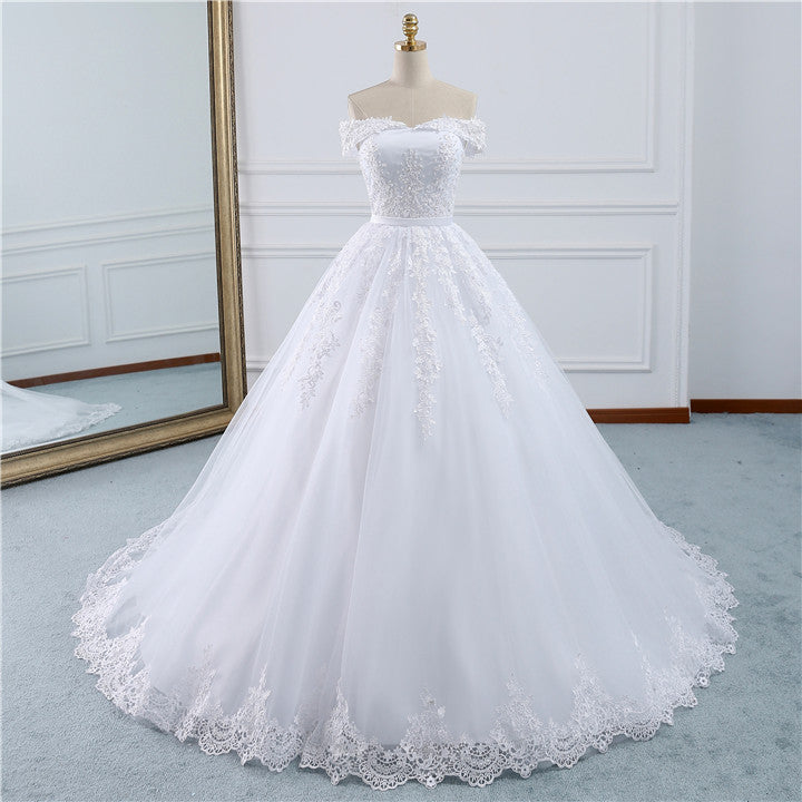 Load image into Gallery viewer, Affordable White Off-the-shoulder Lace Wedding Dresses With Appliques Tulle Ruffles Bridal Gowns On Sale-27dress

