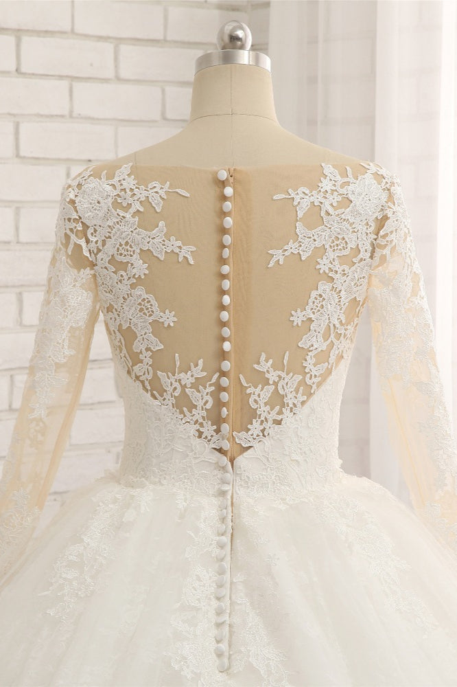 Load image into Gallery viewer, Affordable White Tulle Ruffles Wedding Dresses Jewel Longsleeves Lace Bridal Gowns With Appliques Online-27dress
