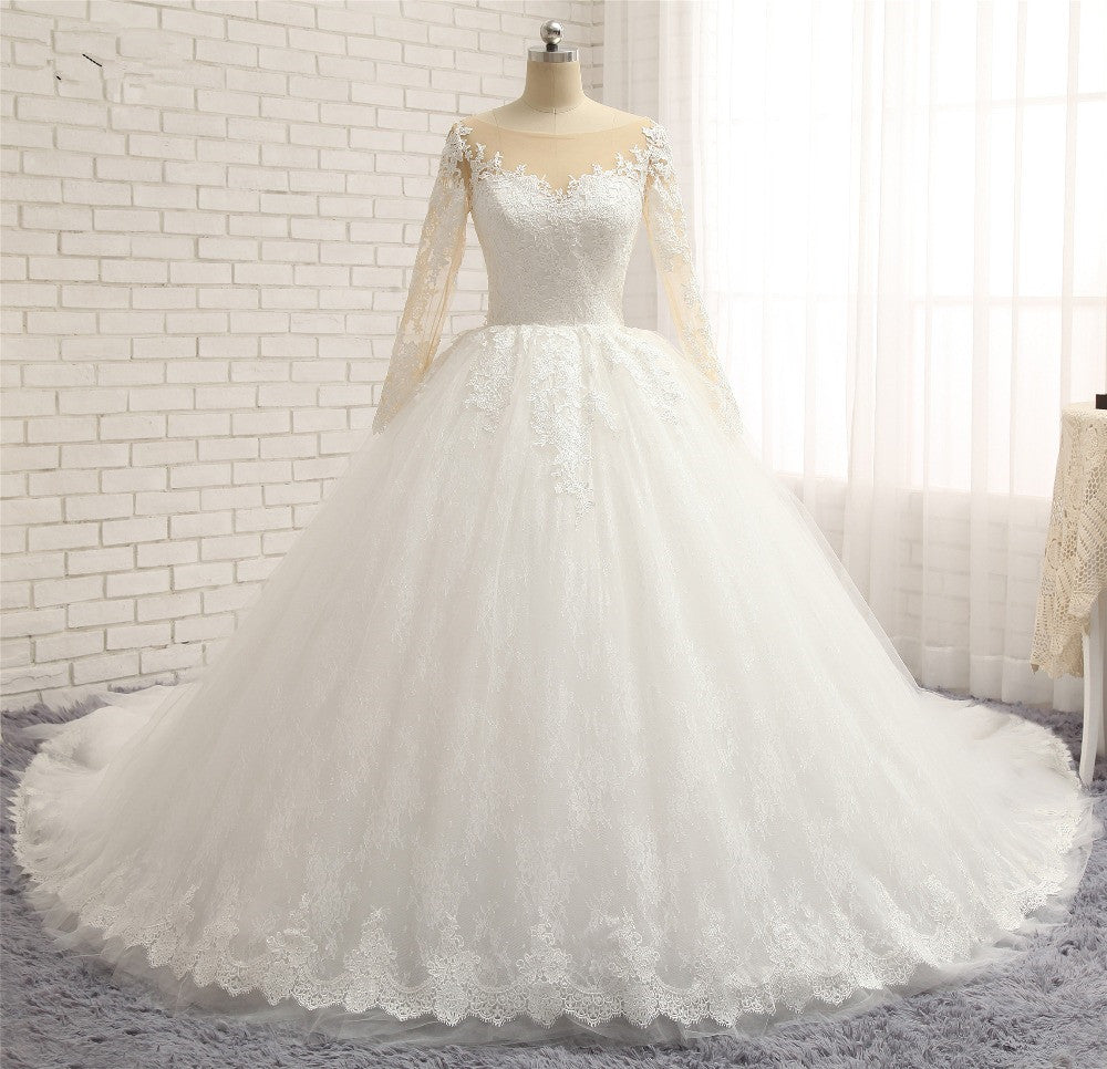 Affordable White Tulle Ruffles Wedding Dresses Jewel Longsleeves Lace 27dress