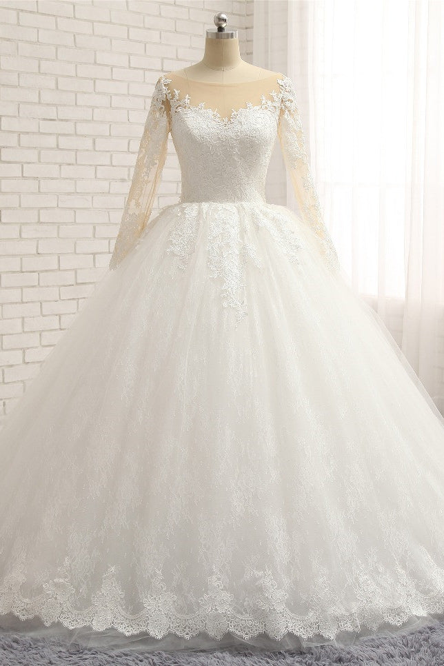 Load image into Gallery viewer, Affordable White Tulle Ruffles Wedding Dresses Jewel Longsleeves Lace Bridal Gowns With Appliques Online-27dress
