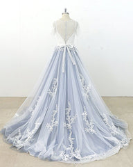 AffordableBlue Gray Tulle Ivory Lace Wedding Dress Short Sleeve Beach Bridal Gowns On Sale-27dress