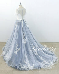 AffordableBlue Gray Tulle Ivory Lace Wedding Dress Short Sleeve Beach Bridal Gowns On Sale-27dress
