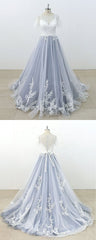 AffordableBlue Gray Tulle Ivory Lace Wedding Dress Short Sleeve Beach Bridal Gowns On Sale-27dress