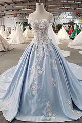 AffordableLight Blue Satin Sweep Train Wedding Dress Off Shoulder Sleeveless Bridal Gowns On Sale-27dress