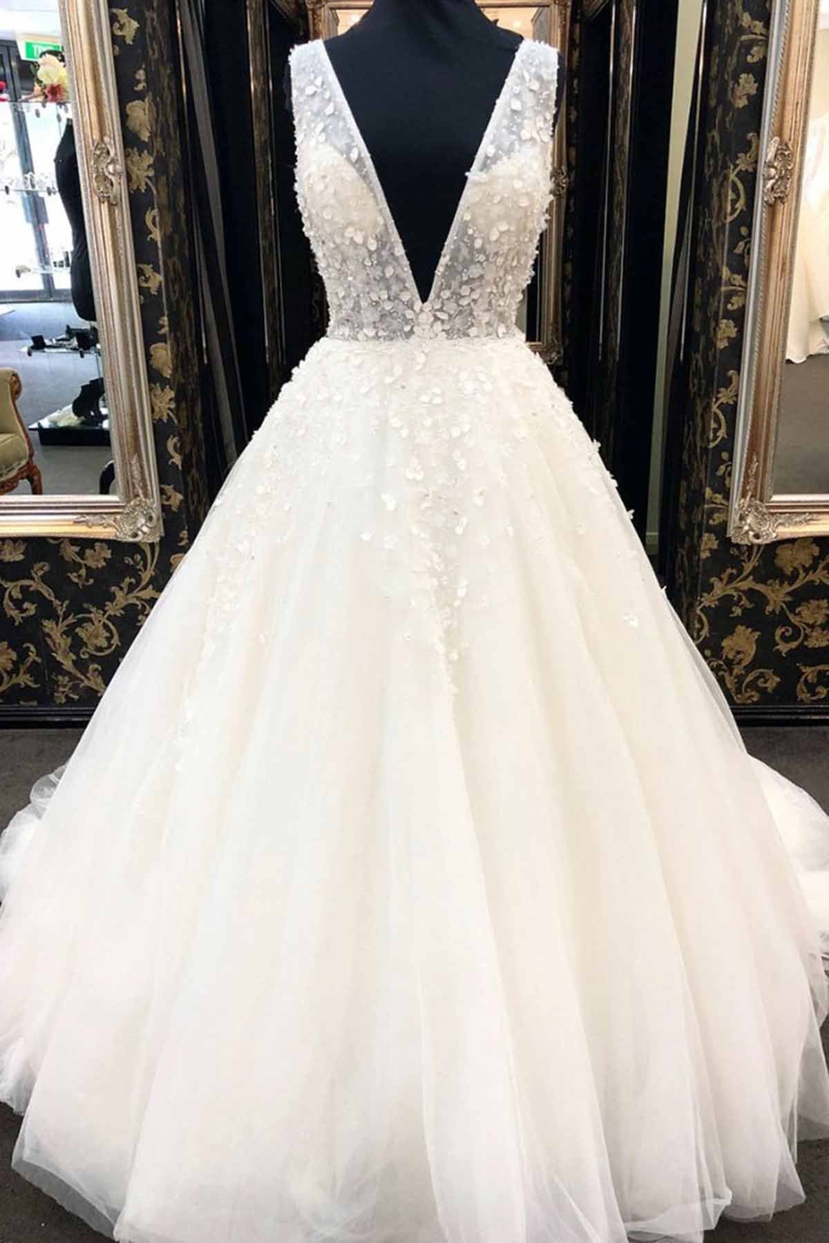 Load image into Gallery viewer, AffordableWhite Tulle V-Neck Long Wedding Dress A-Line Applqiues Bridal Gowns On Sale-27dress
