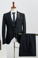All Black 3 Pieces Notched Lapel Business Suit For Men