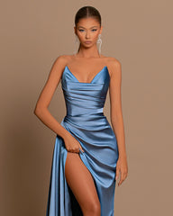 Amazing Blue Mermaid Strapless Sleeveless Prom Dress Unique Style For Party