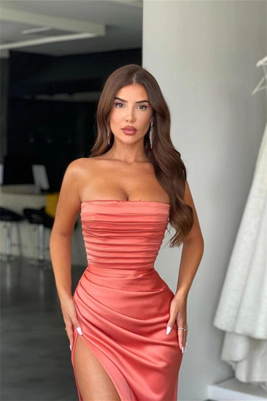 Amazing Coral Strapless Mermaid Prom Dress With Pleated Split