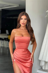 Amazing Coral Strapless Mermaid Prom Dress With Pleated Split