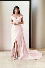 Amazing Fuchsia Off the Shoulder V Neck Split Prom Dress With Pleated