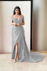 Amazing Fuchsia Off the Shoulder V Neck Split Prom Dress With Pleated
