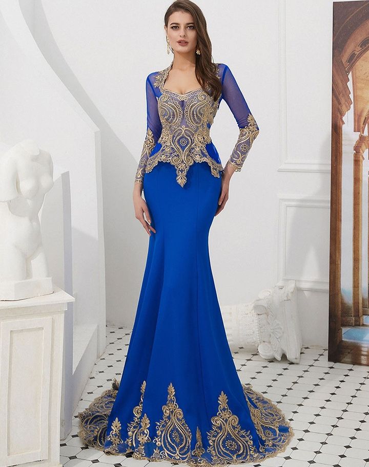 Amazing Long Sleeves Mermaid Prom Dress With Gold Appliques Cape
