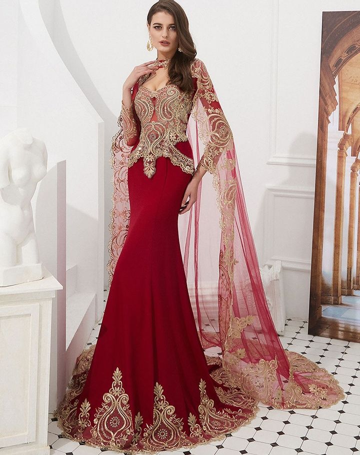 Amazing Long Sleeves Mermaid Prom Dress With Gold Appliques Cape