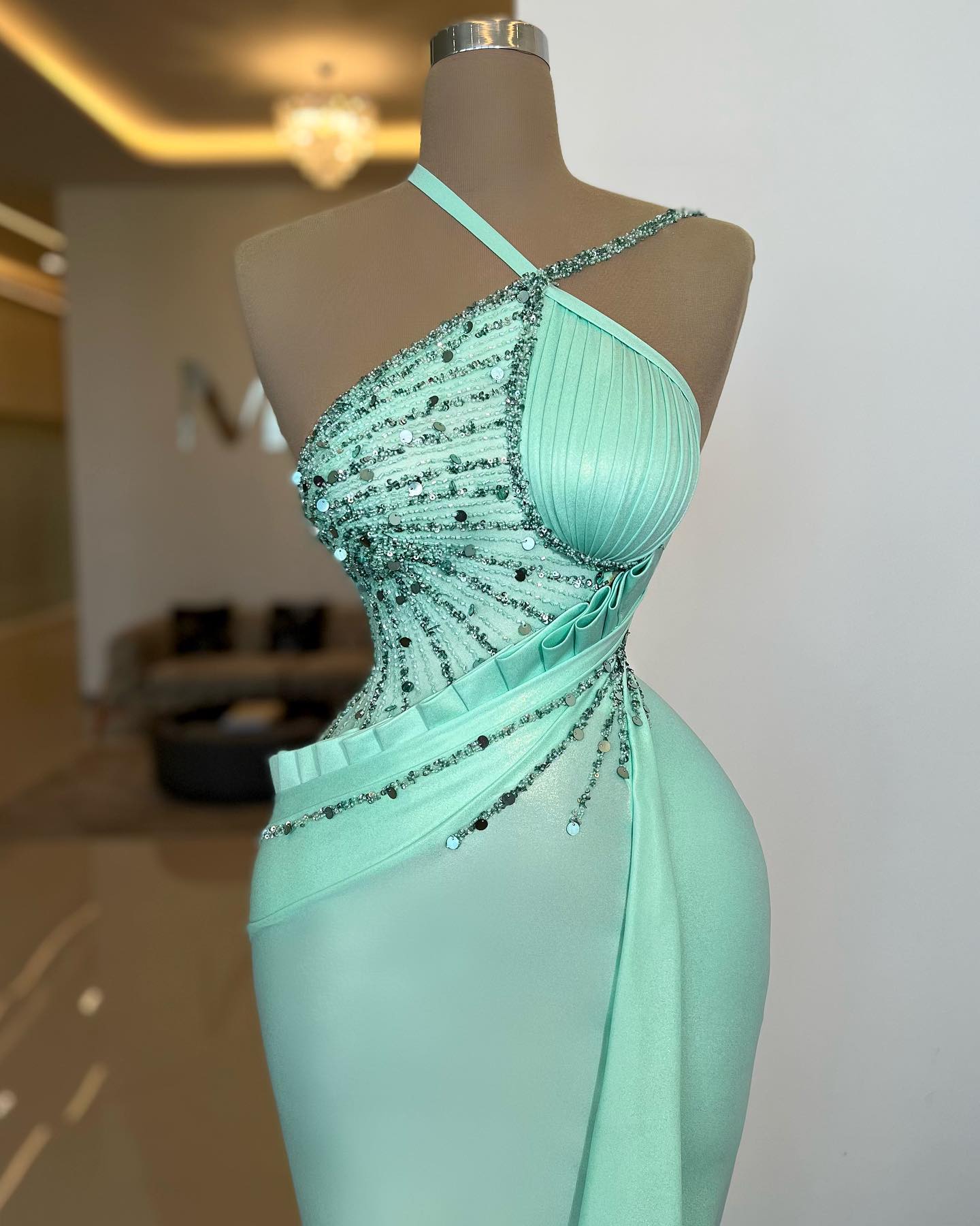 Amazing Mint Green Halter Sleeveless Mermaid Long Prom Dress With Sequins