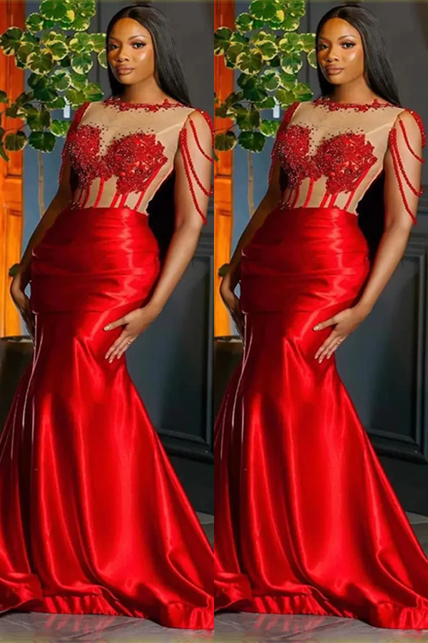Amazing Red Crew Neck Sleeveless Mermaid Prom Dress Trumpet With Beadings