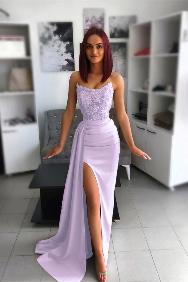 Amazing Strapless Sleeveless Mermaid Split Prom Dress With Appliques Ruffles