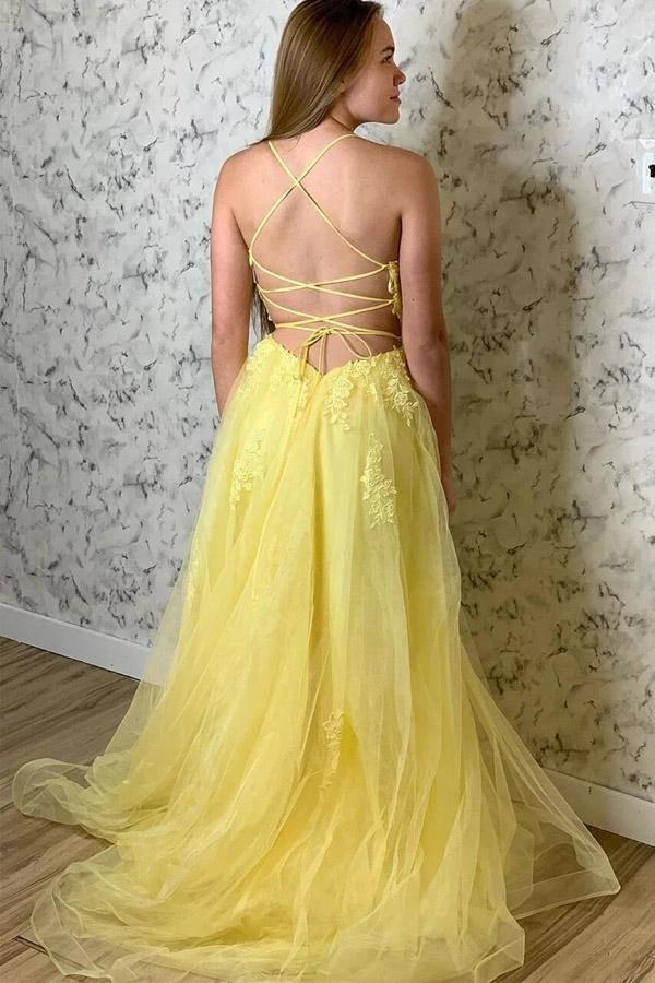 Amazing Yellow Spaghetti Strap Long Elegant Prom Dress With Lace Appliques