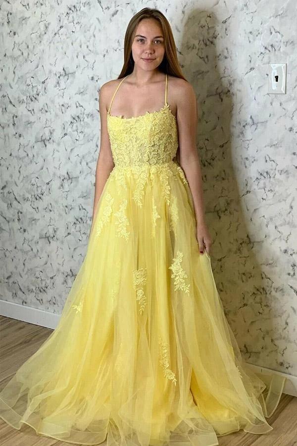 Amazing Yellow Spaghetti Strap Long Elegant Prom Dress With Lace Appliques